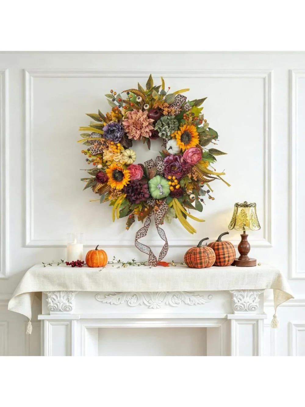 24-Inch Autumn Front Door Wreath with Pumpkins & Sunflowers - Fall Decor
